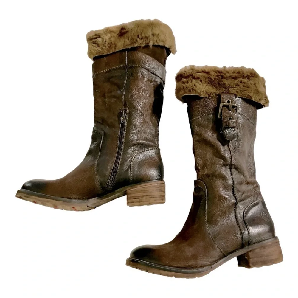 Pakros Distressed Leather Sherpa Trim Mukluk Boots Brown Sz EU 39 (US 9M)